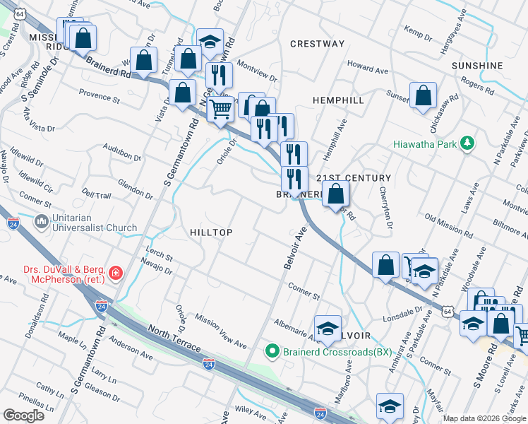 map of restaurants, bars, coffee shops, grocery stores, and more near 3912 Monte Vista Drive in Chattanooga