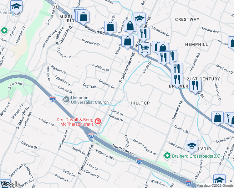 map of restaurants, bars, coffee shops, grocery stores, and more near 207 South Germantown Road in Chattanooga