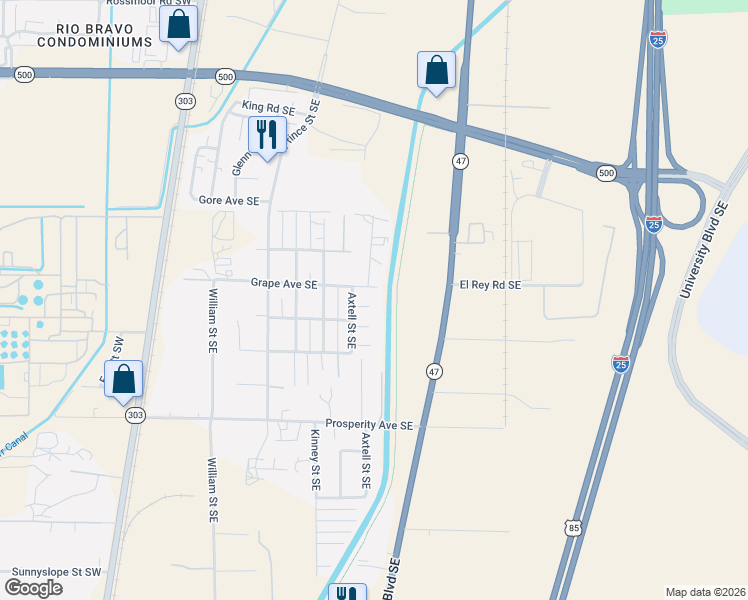 map of restaurants, bars, coffee shops, grocery stores, and more near 524 Grape Avenue Southeast in Albuquerque