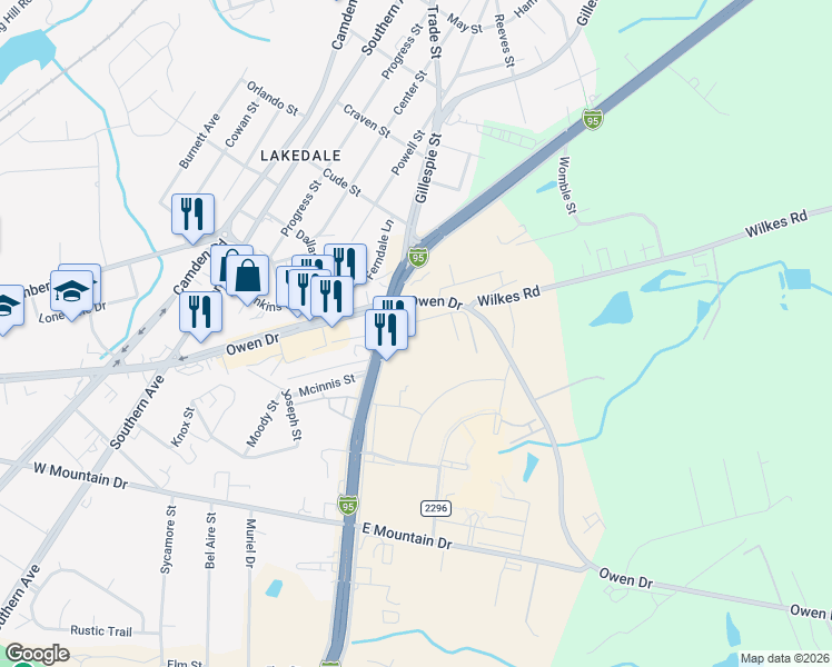 map of restaurants, bars, coffee shops, grocery stores, and more near 154 Draughone Avenue in Fayetteville