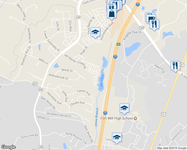 map of restaurants, bars, coffee shops, grocery stores, and more near 658 6th Baxter Crossing in Fort Mill
