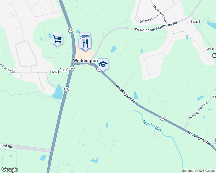 map of restaurants, bars, coffee shops, grocery stores, and more near 210 Weddington Road in Weddington