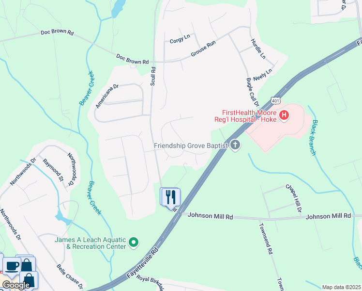 map of restaurants, bars, coffee shops, grocery stores, and more near 299 Cheswick Drive in Raeford