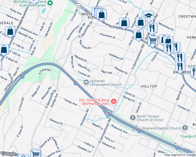 map of restaurants, bars, coffee shops, grocery stores, and more near 317 Wygoda Circle in Chattanooga