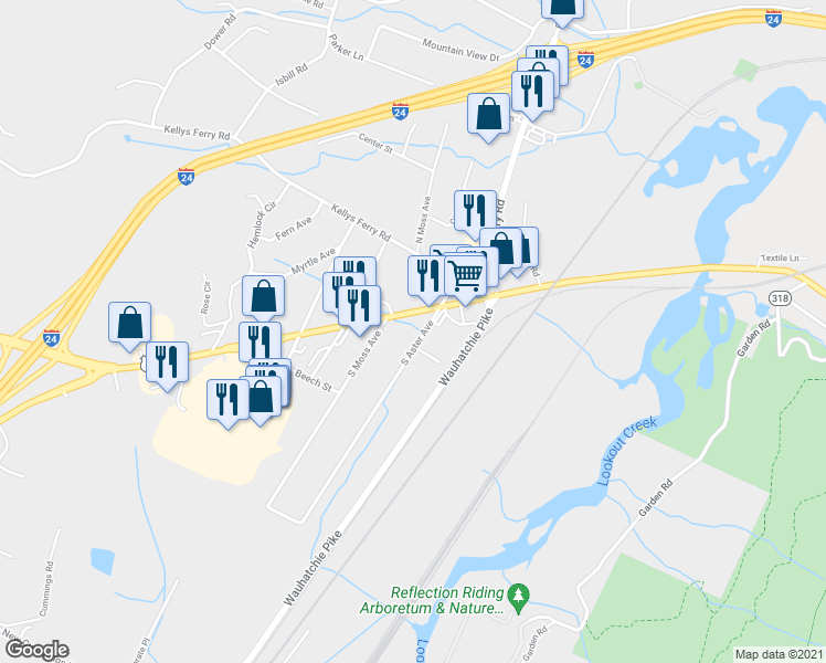 map of restaurants, bars, coffee shops, grocery stores, and more near 101 South Aster Avenue in Chattanooga