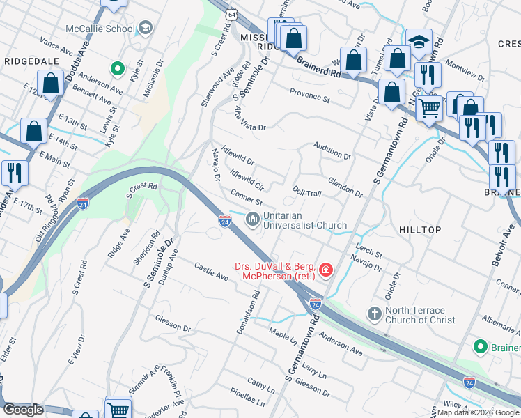 map of restaurants, bars, coffee shops, grocery stores, and more near 3223 Navajo Drive in Chattanooga