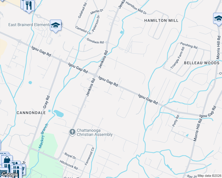map of restaurants, bars, coffee shops, grocery stores, and more near 8115 Mee Mee Road in Chattanooga