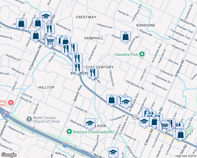 map of restaurants, bars, coffee shops, grocery stores, and more near 4067 Manor Road in Chattanooga