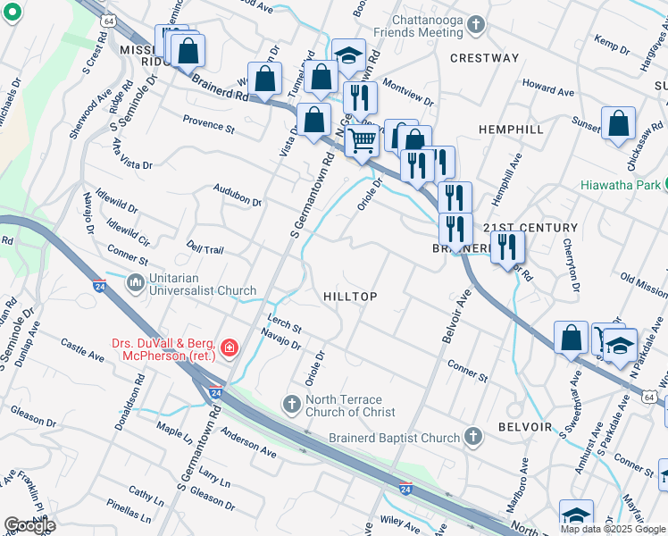 map of restaurants, bars, coffee shops, grocery stores, and more near 3728 Chula Vista Drive in Chattanooga