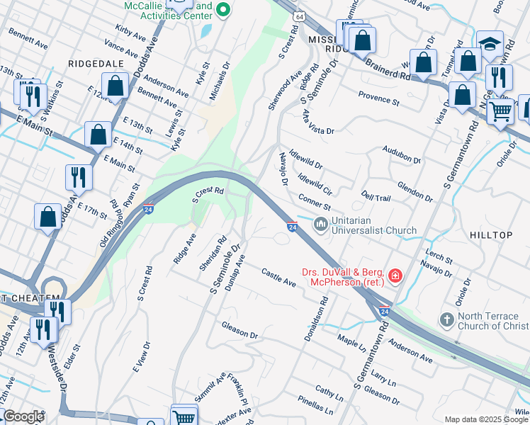 map of restaurants, bars, coffee shops, grocery stores, and more near 418 South Seminole Drive in Chattanooga