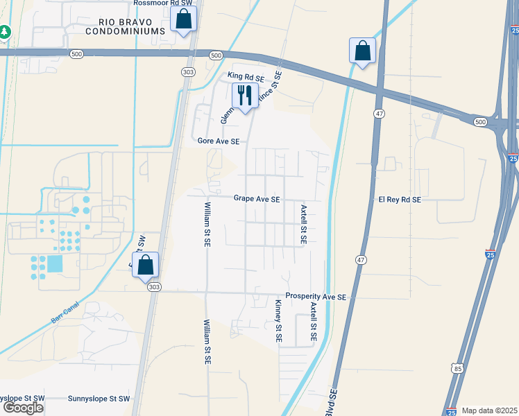 map of restaurants, bars, coffee shops, grocery stores, and more near 4208 Prince Street Southeast in Albuquerque