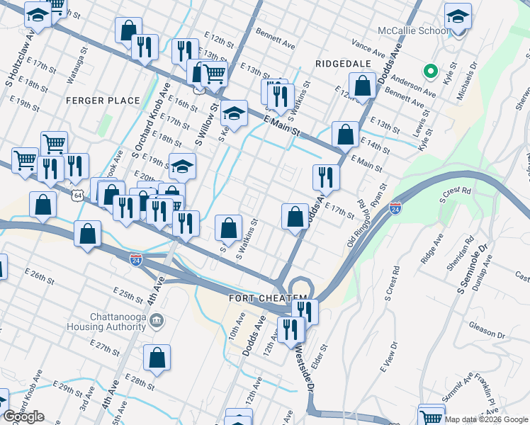 map of restaurants, bars, coffee shops, grocery stores, and more near 1901 South Watkins Street in Chattanooga
