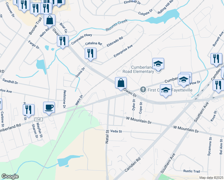 map of restaurants, bars, coffee shops, grocery stores, and more near 2960 Cumberland Rd in Fayetteville