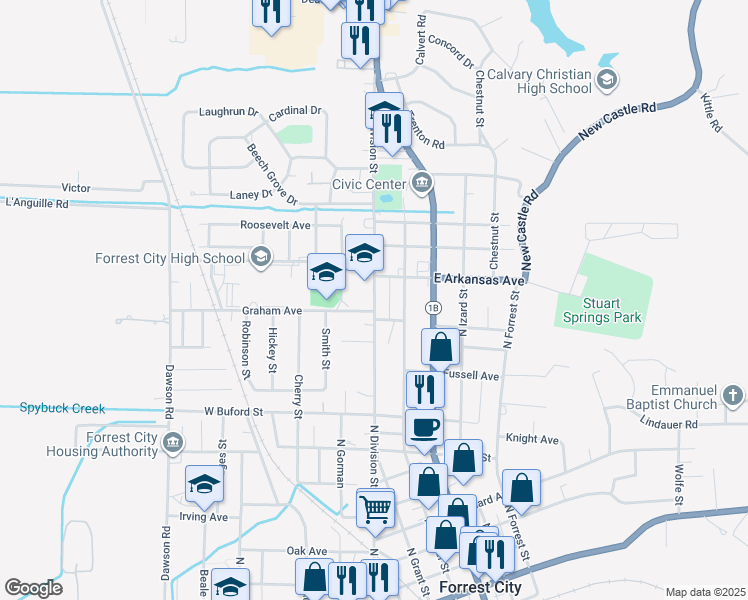 map of restaurants, bars, coffee shops, grocery stores, and more near 1133 North Division Street in Forrest City