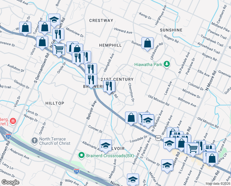 map of restaurants, bars, coffee shops, grocery stores, and more near 4067 Manor Road in Chattanooga