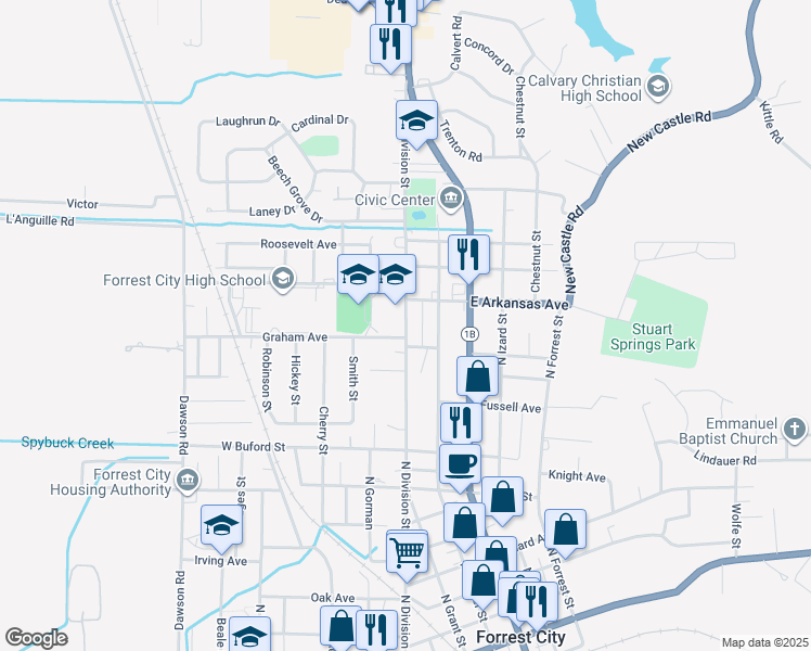map of restaurants, bars, coffee shops, grocery stores, and more near 1133 North Division Street in Forrest City
