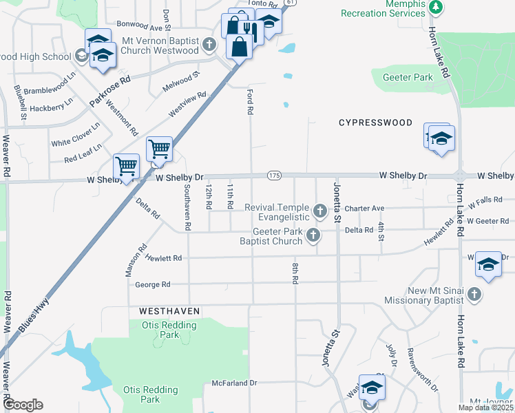 map of restaurants, bars, coffee shops, grocery stores, and more near 507 Charter Avenue in Memphis