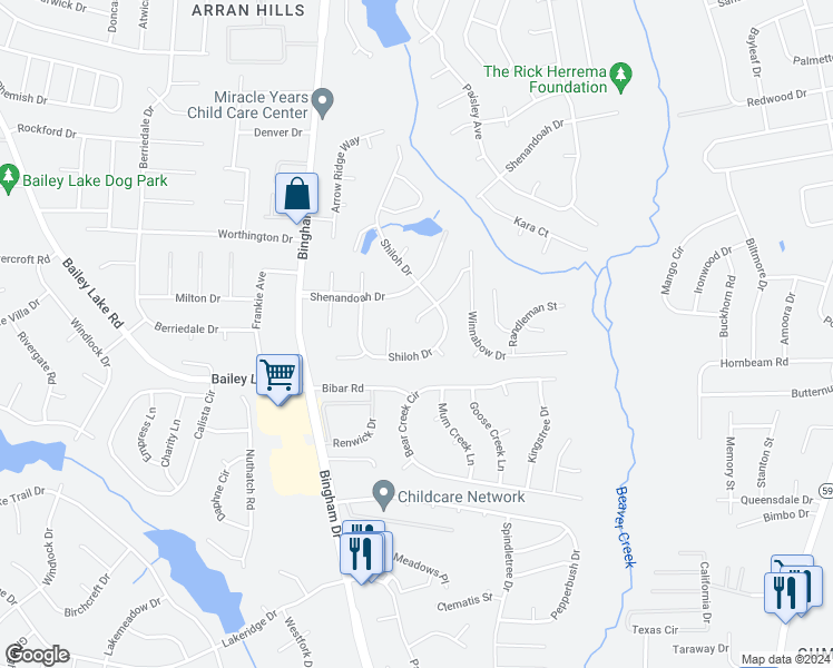 map of restaurants, bars, coffee shops, grocery stores, and more near 5807 Cold Harbor Court in Fayetteville