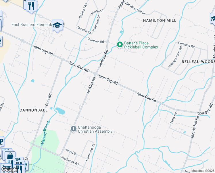 map of restaurants, bars, coffee shops, grocery stores, and more near 8104 Mee Mee Road in Chattanooga