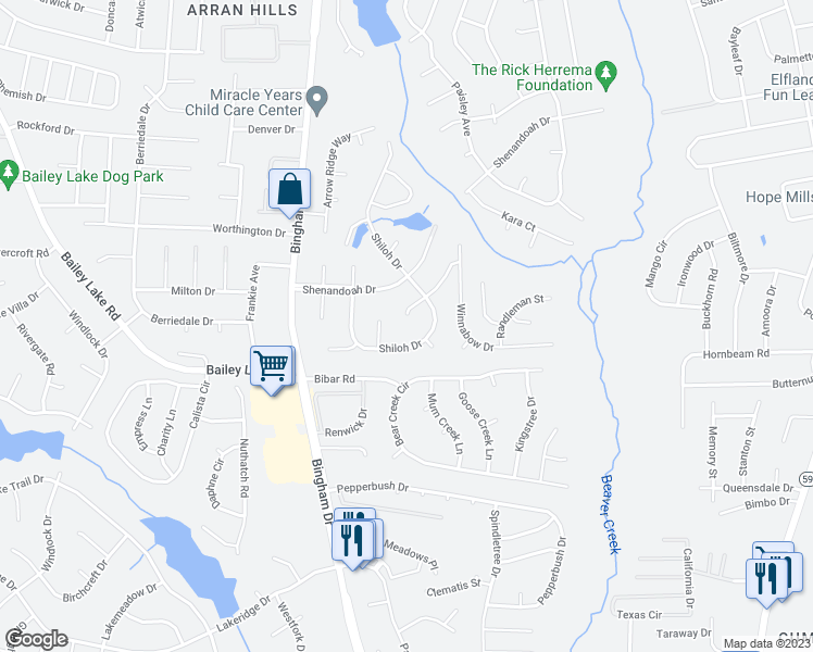 map of restaurants, bars, coffee shops, grocery stores, and more near 5807 Cold Harbor Court in Fayetteville