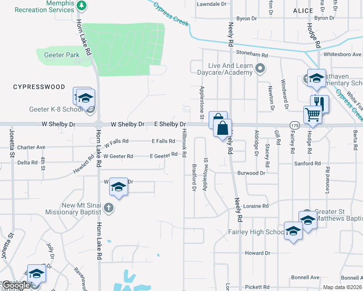 map of restaurants, bars, coffee shops, grocery stores, and more near 64 East Geeter Road in Memphis