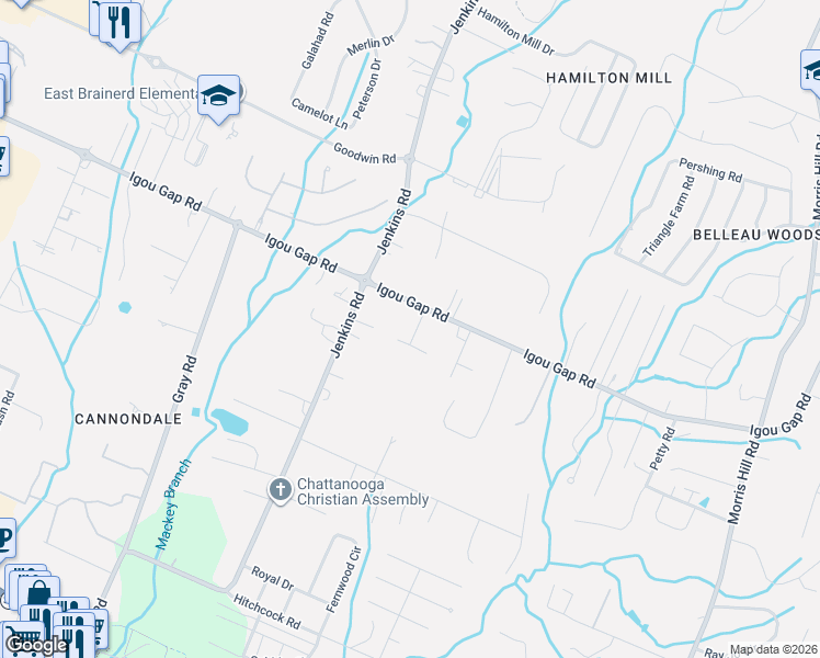 map of restaurants, bars, coffee shops, grocery stores, and more near 8104 Mee Mee Road in Chattanooga