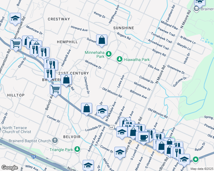 map of restaurants, bars, coffee shops, grocery stores, and more near 202 Sequoia Drive in Chattanooga