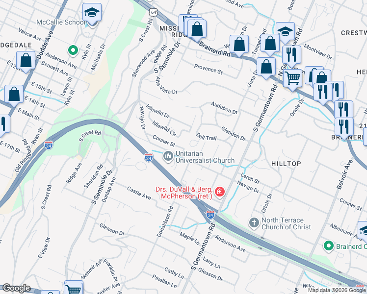 map of restaurants, bars, coffee shops, grocery stores, and more near 317 Wygoda Circle in Chattanooga