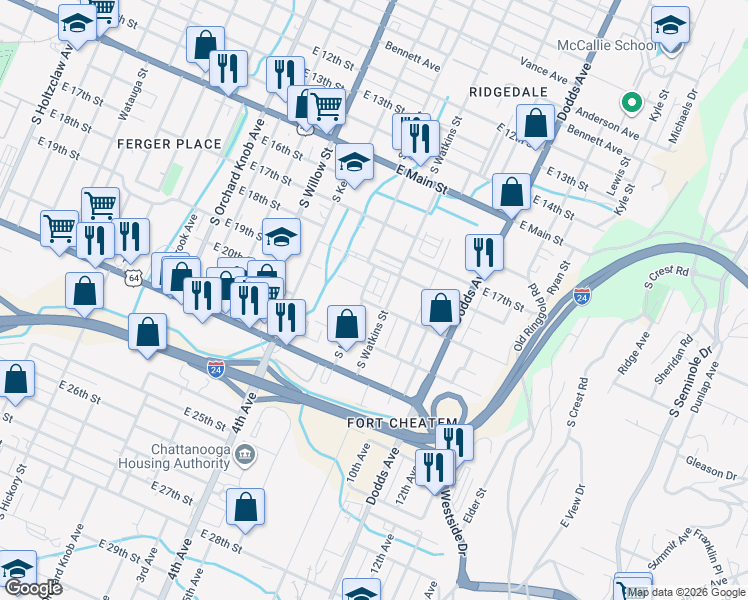 map of restaurants, bars, coffee shops, grocery stores, and more near 1901 South Watkins Street in Chattanooga