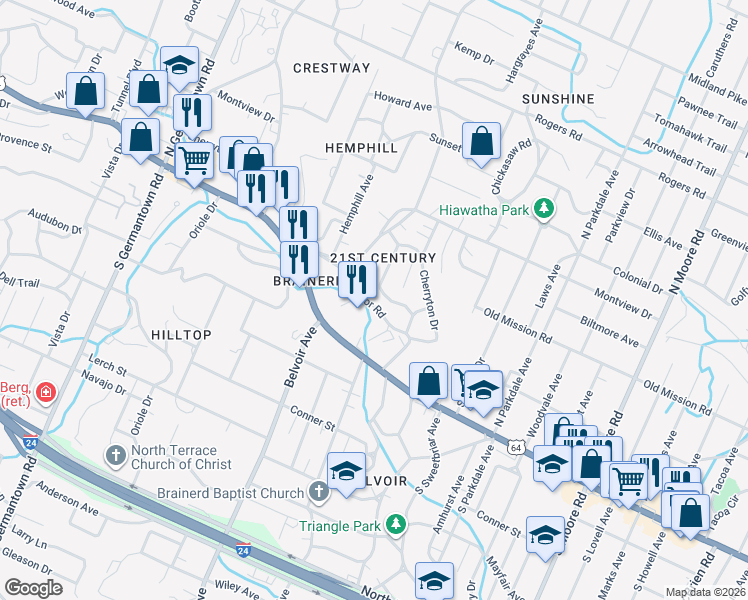 map of restaurants, bars, coffee shops, grocery stores, and more near 4067 Manor Road in Chattanooga