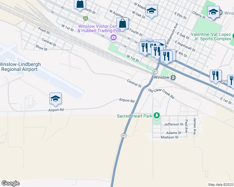 map of restaurants, bars, coffee shops, grocery stores, and more near 502 Airport Road in Winslow
