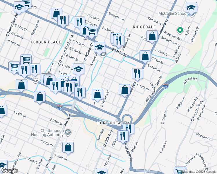 map of restaurants, bars, coffee shops, grocery stores, and more near 1901 South Watkins Street in Chattanooga