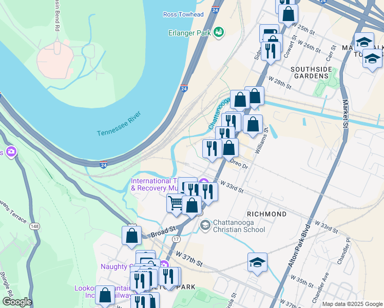 map of restaurants, bars, coffee shops, grocery stores, and more near 1506 Middle Street in Chattanooga