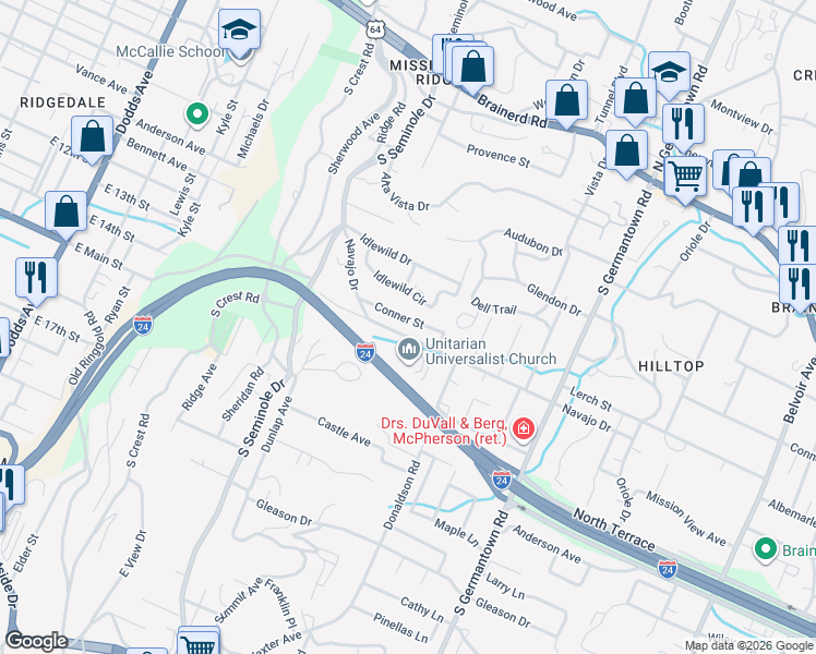 map of restaurants, bars, coffee shops, grocery stores, and more near 3223 Navajo Drive in Chattanooga