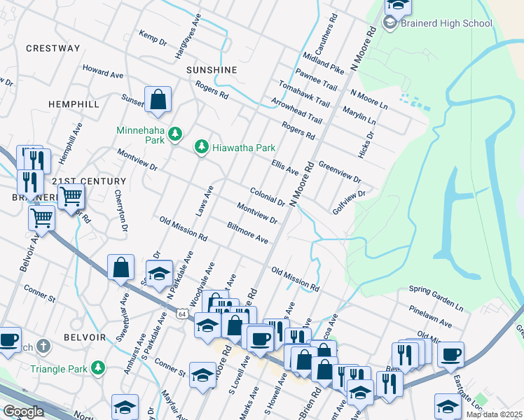 map of restaurants, bars, coffee shops, grocery stores, and more near 4707 Montview Drive in Chattanooga