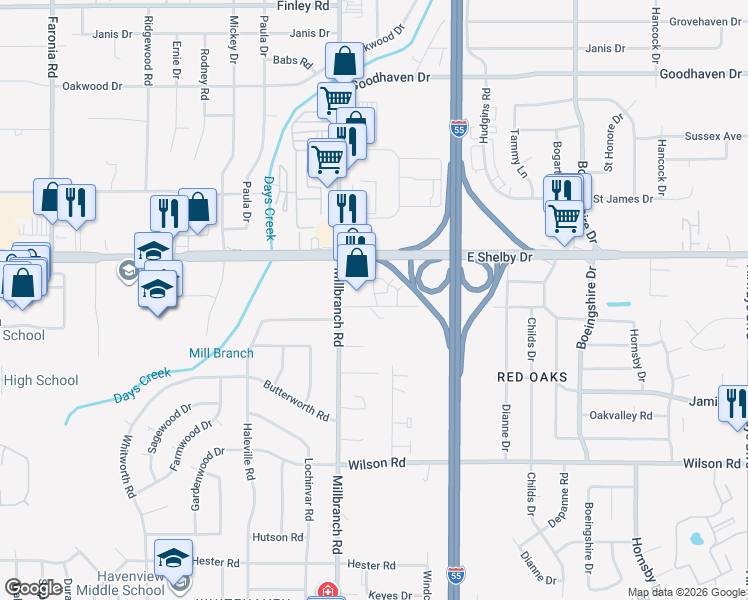 map of restaurants, bars, coffee shops, grocery stores, and more near 1707 Bender Road in Memphis