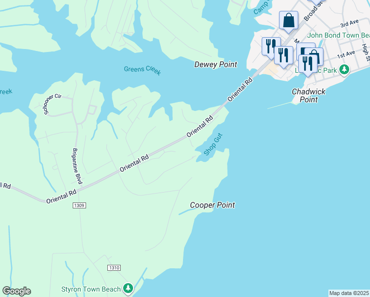 map of restaurants, bars, coffee shops, grocery stores, and more near 537 Oriental Road in Oriental
