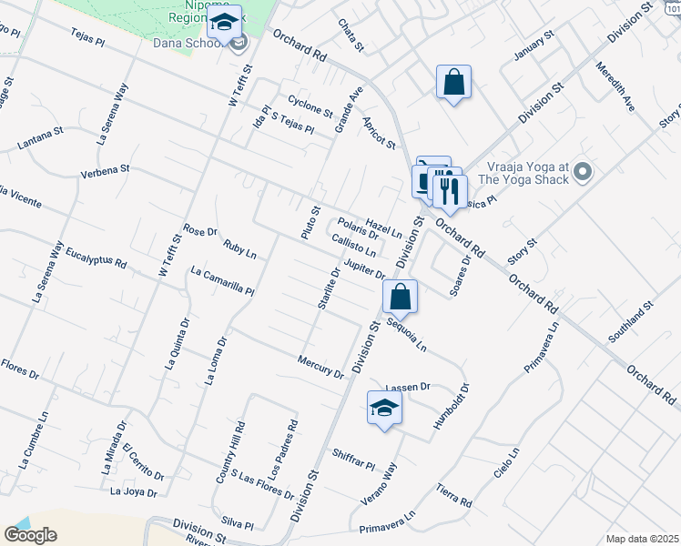 map of restaurants, bars, coffee shops, grocery stores, and more near 1127 Starlite Drive in Nipomo