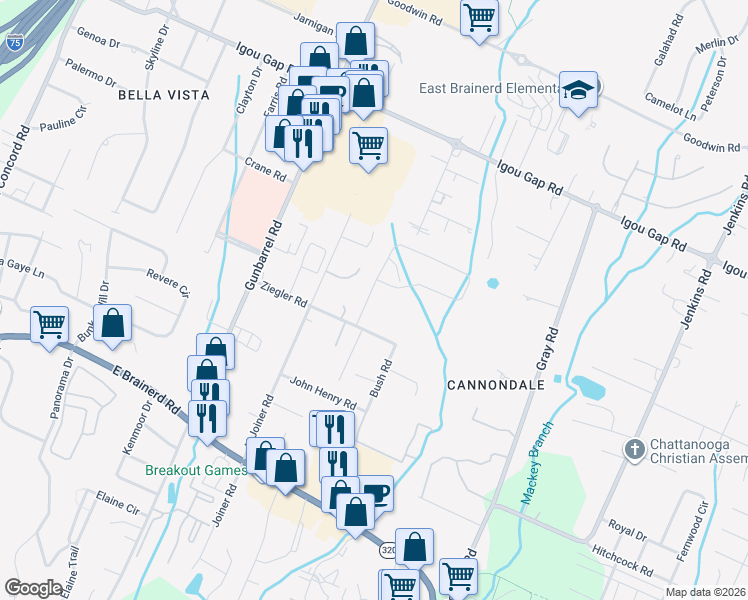 map of restaurants, bars, coffee shops, grocery stores, and more near 1709 Denton Lane in Chattanooga