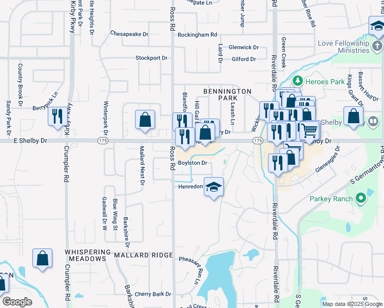 map of restaurants, bars, coffee shops, grocery stores, and more near 6765 East Shelby Drive in Memphis