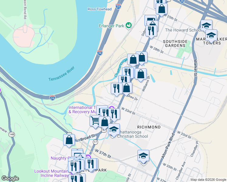 map of restaurants, bars, coffee shops, grocery stores, and more near 3211 Broad Street in Chattanooga