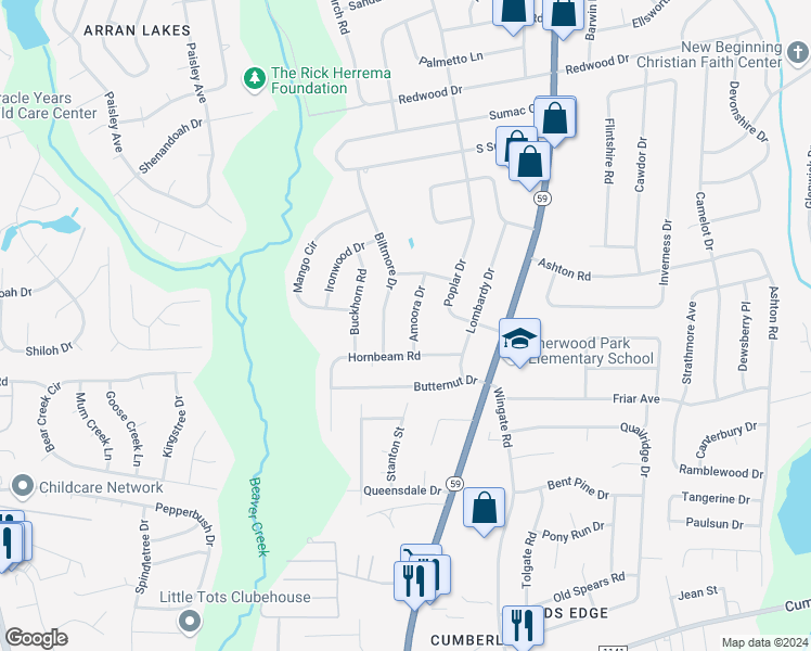 map of restaurants, bars, coffee shops, grocery stores, and more near 2164 Amoora Drive in Fayetteville