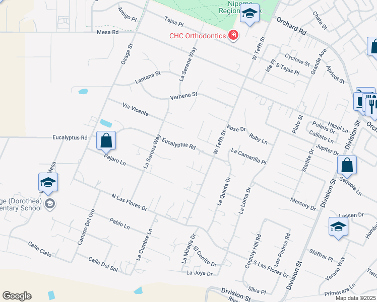 map of restaurants, bars, coffee shops, grocery stores, and more near 181 Eucalyptus Road in Nipomo