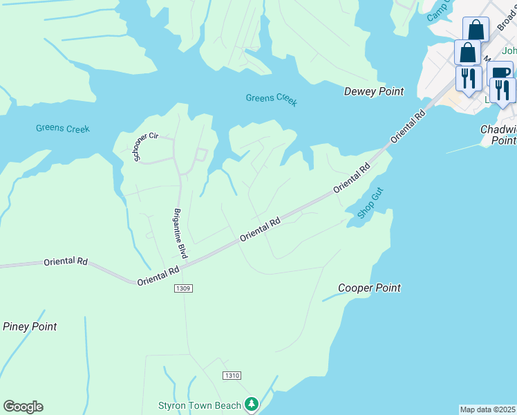 map of restaurants, bars, coffee shops, grocery stores, and more near 5100 Horton Road in Oriental