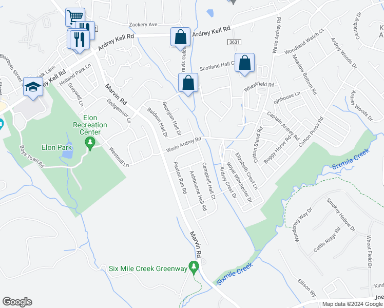 map of restaurants, bars, coffee shops, grocery stores, and more near 9915 Paxton Run Road in Charlotte