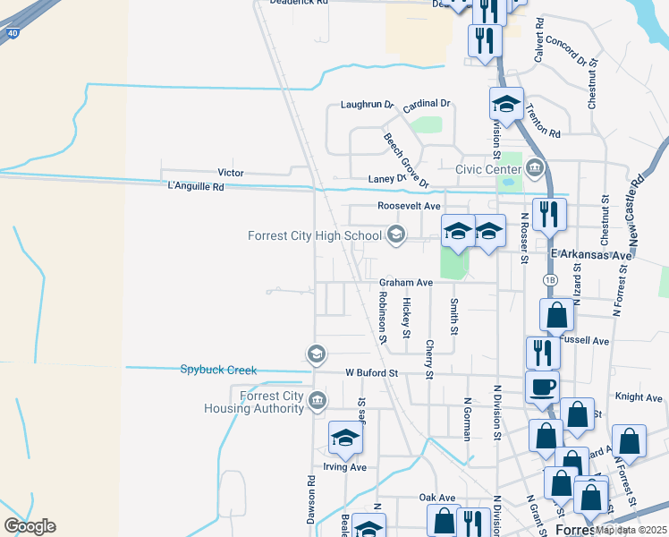map of restaurants, bars, coffee shops, grocery stores, and more near 906 Graham Street in Forrest City