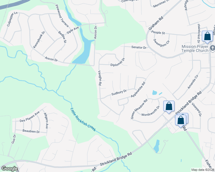 map of restaurants, bars, coffee shops, grocery stores, and more near 6701 Vaughn Road in Fayetteville