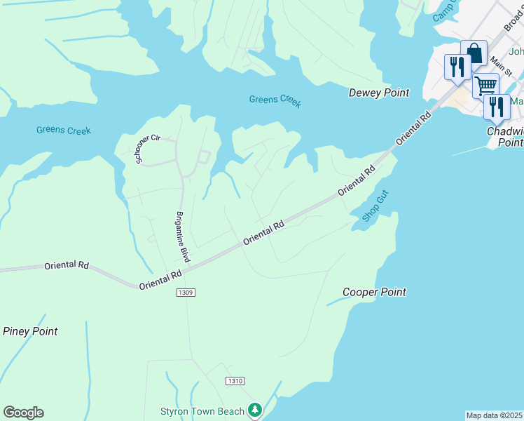map of restaurants, bars, coffee shops, grocery stores, and more near 5100 Horton Road in Oriental