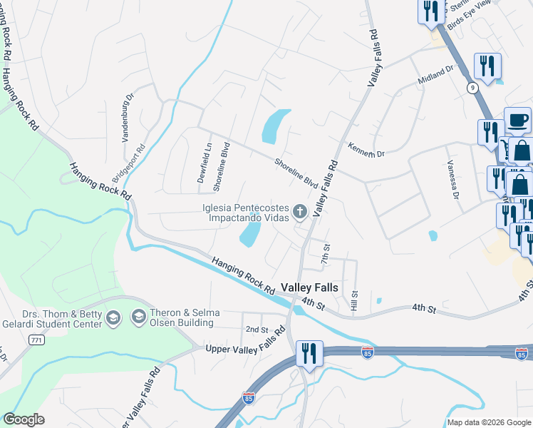 map of restaurants, bars, coffee shops, grocery stores, and more near 151 Mistwood Lane in Boiling Springs