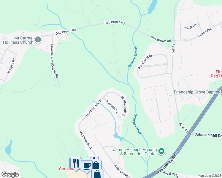 map of restaurants, bars, coffee shops, grocery stores, and more near 489 Northwoods Drive in Raeford